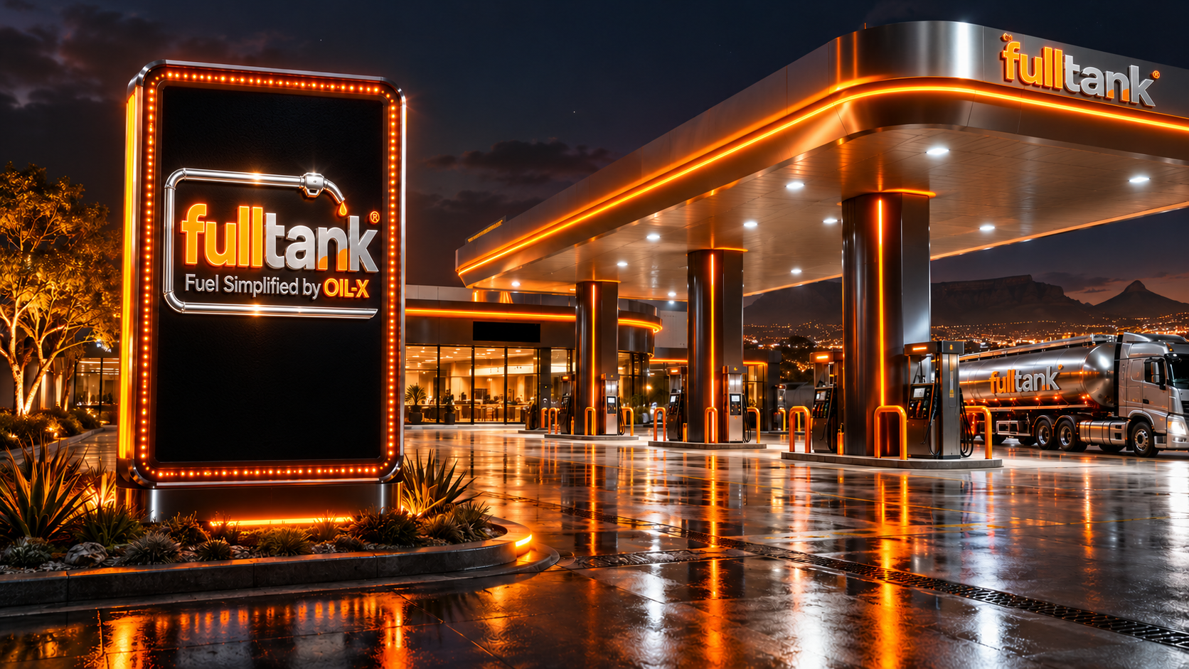 Full Tank forecourt concept with illuminated orange and metallic silver Full Tank branding on the billboard and canopy