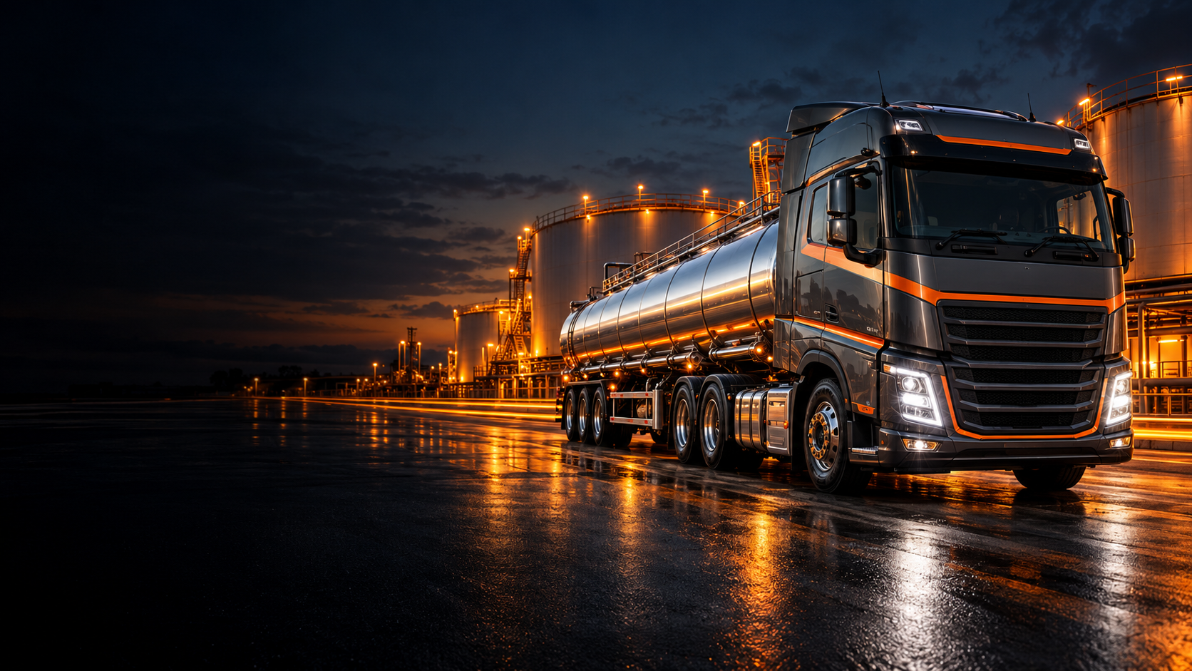 Orange and silver fuel tanker at an illuminated depot